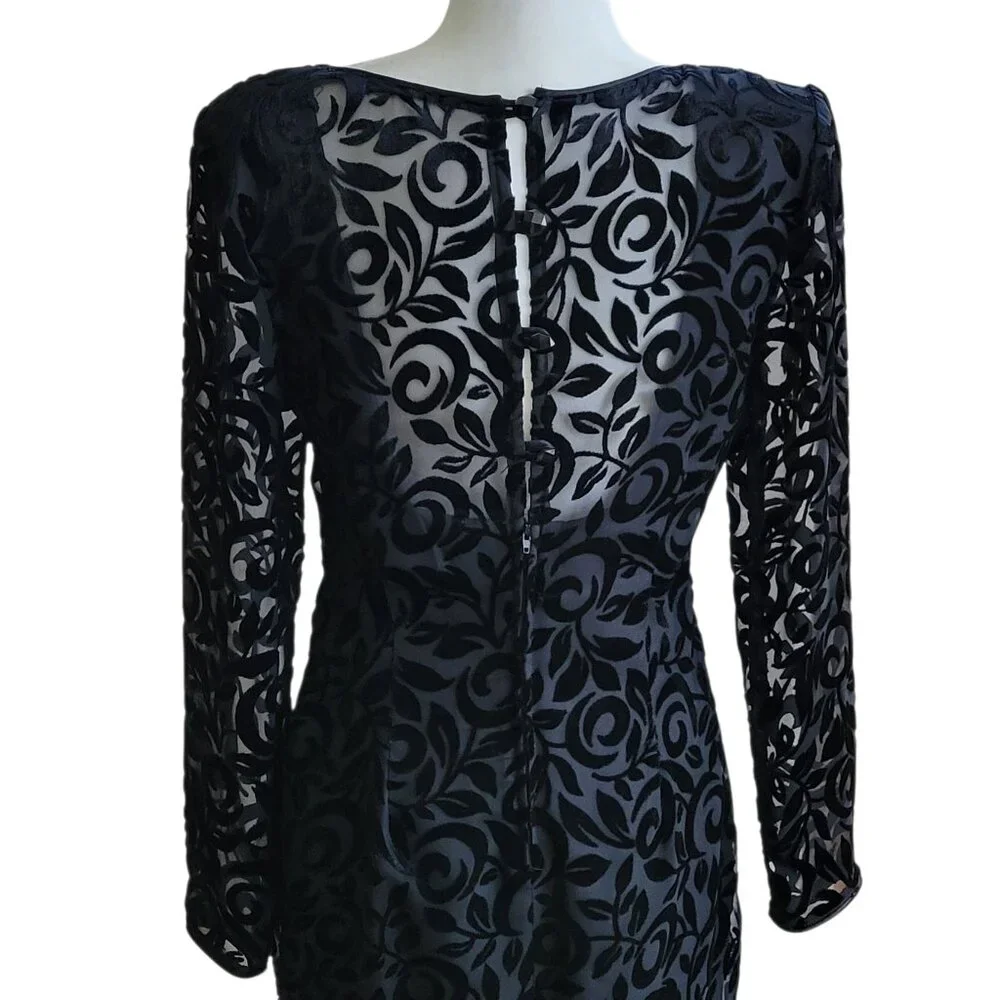 Vintage 90s Black Velvet Burnout Floral Cocktail Dress | Long Sleeve Sheer Y2K